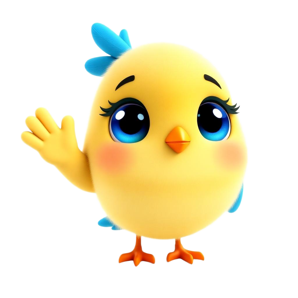 Piko, a cute fluffy yellow bird with blue wings and crest, waving hello