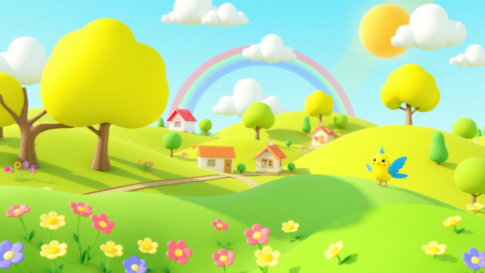 Topo Village — a sunny garden world with hills, flowers, trees and a rainbow